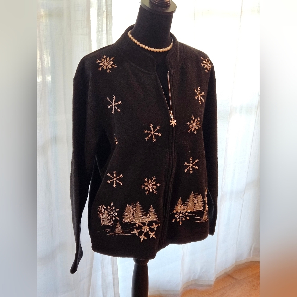 NWT Timberlea BLACK & Silver Zip Up Fleece Christmas Holiday Sweater ❄ MED